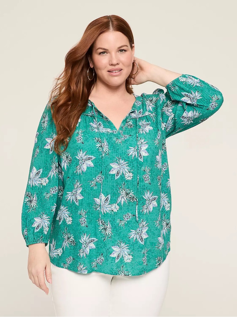 Lane Bryant Teal Floral Split Neck Tunic
